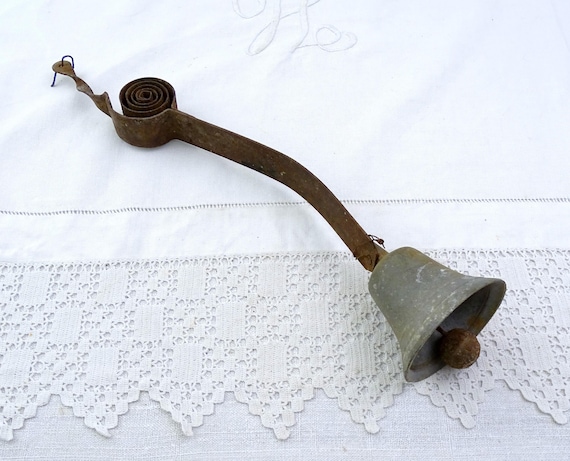 Antique French Shop Door Bronze Bell on Spring, Vintage General Store Prop from Rural France, Old World  Style Ringing Alarm from Europe