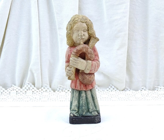 Small Vintage French Medieval Style Statue with Bagpipes Player, Retro Old Castle Decor from France, Musician Sculpture Home Gift