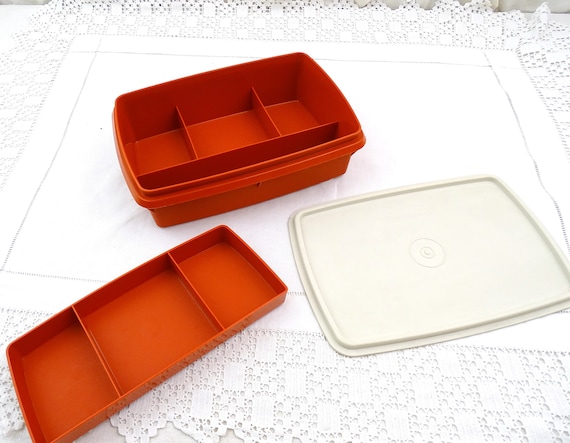 Vintage Tupperware 767-7 Craft Storage Container Removable Compartments in Orange, Retro Tuppercraft, Lunch / Tool / Make Up / Fishing Box