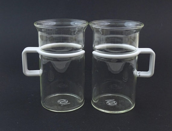 Set of 2 Vintage Danish Bodum Glass Coffee Mugs with White Melamine Handles, Pair Retro 1980s Tea Cups from Scandinavia, Kitchenware Europe