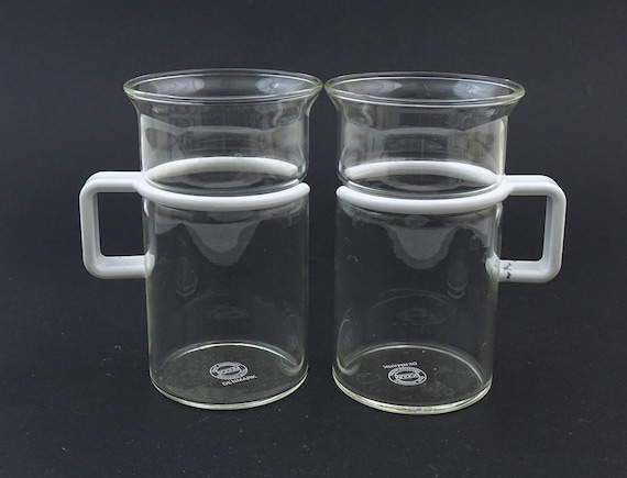 Set of 2 Vintage Danish Bodum Glass Coffee Mugs with White Melamine Handles, Pair Retro 1980s Tea Cups from Scandinavia, Kitchenware Europe