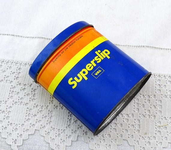 Vintage French 1970s Metal Tin Super Slip Sold Originally Containing Men's Underwear in Orange Yellow and Blue, Fun Novelty Curio Box France