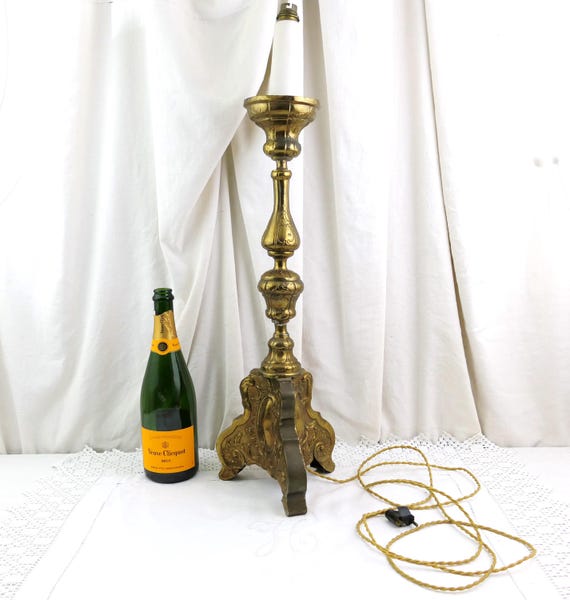 Large Tall Antique French 18th Century Church Liturgical Candle Holder Gilded Pressed Brass Metal, Vintage Catholic Religious Candlestick