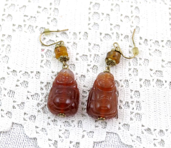 Vintage Carved Carnelian Stone Laughing Buddha Figures Earrings, Retro Red Orange Chinese Style Dangle Earrings with Brass Filigree Caps