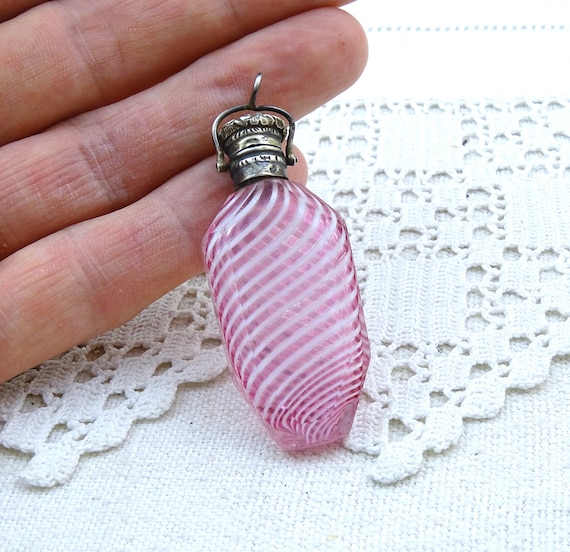 Small Antique French Pink and White Glass Perfume Bottle with Hallmarked Silver Hinged Lid and Necklace Loop, Miniature Pendant Scent Bottle
