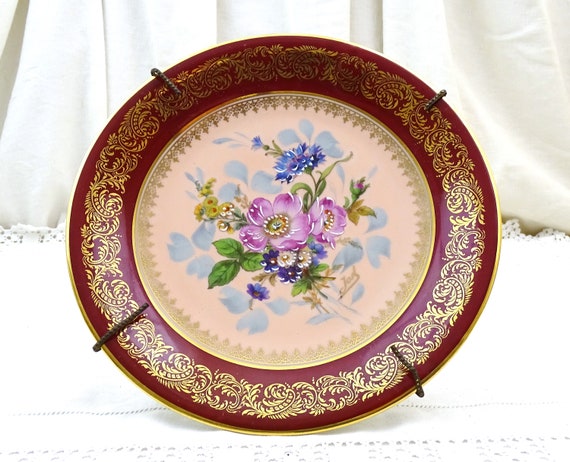 Vintage French Limoges Fine Porcelain Wall Plate and Mount Decorated with Flower Pattern Gold and Red Surround, Retro Floral Charger France