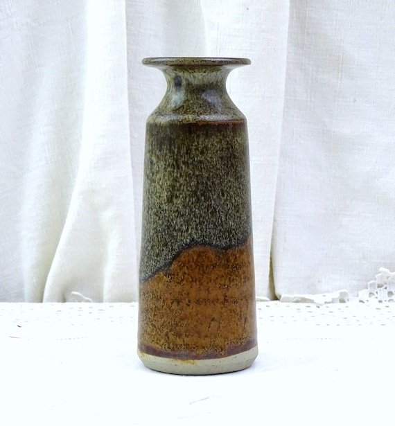 Vintage French Minimalist Earthenware Studio Pottery Bud Vase with Earthy Natural Colored Slip Glaze, Retro Brutalist China Vase From France