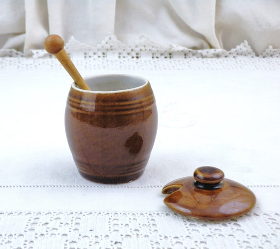 Small French Vintage Pot Bellied Brown Glazed Ceramic Mustard Crock With Wooden Spoon, Condiment Serving Jar from France, Country Tableware