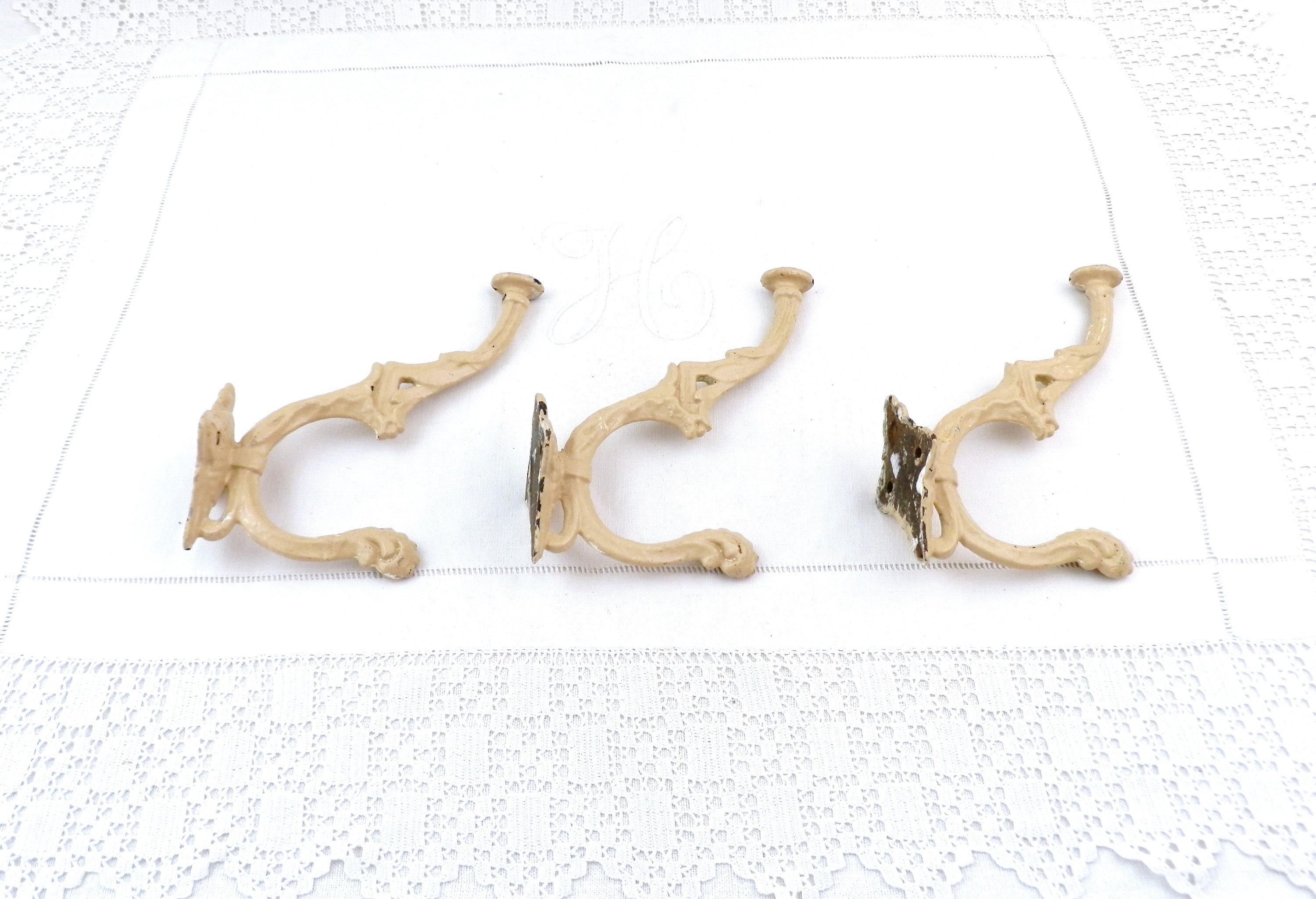 3 French Antique 19th Century Painted Cast Iron Wall Coat Hooks
