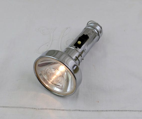 French Vintage 1960s Working Chrome Hand Held Flash Light with Large Lens, Retro Torch France, Industrial Style Decor Flashlight Lighting