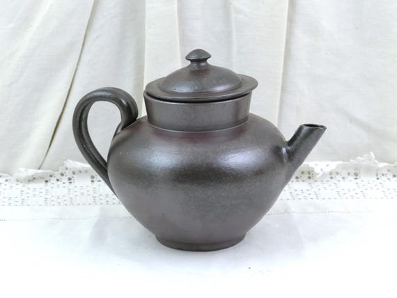 Vintage French Brown Stoneware Teapot with Lid, Rustic Ceramic Tea Pot, French Farmhouse Country Kitchen Tableware