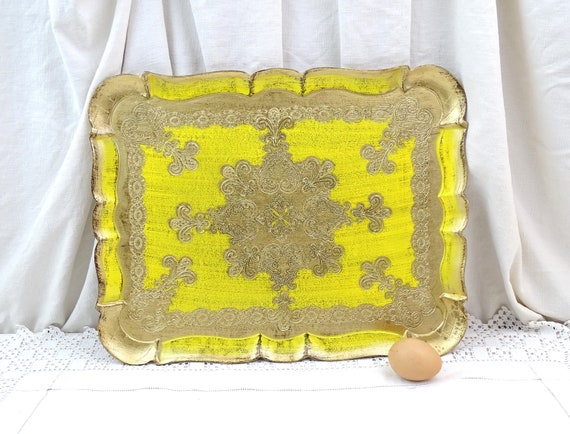 Vintage 1960s Gold and Yellow Colored Venetian Style Serving Tray, Retro Italian Decor Golden Decorative Tray, Florentine Flea Market Home