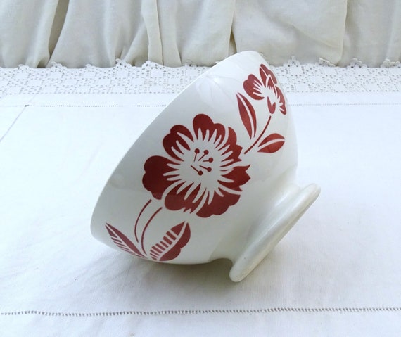 Extra Large Vintage French Digoin Footed Coffee Bowl with Stenciled Red and White Pattern, Retro Cafe au Lait Latte Breakfast Tableware