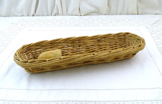 Antique French Woven Wicker Baguette Bread Basket, Vintage Country Boulangerie Long Thin Container France, Rustic Primitive Minimalist Decor