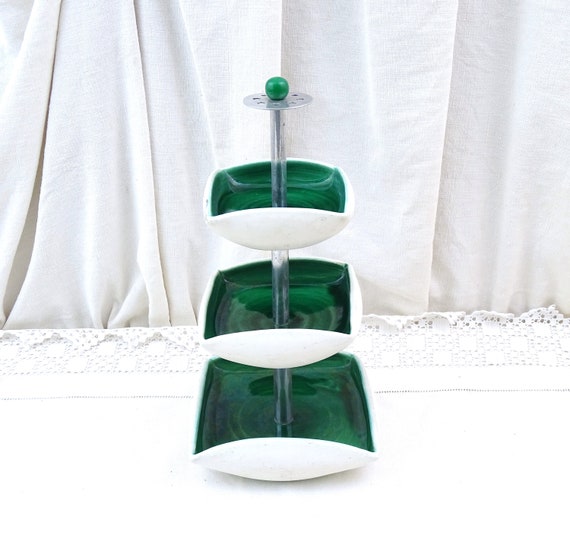 Vintage French Mid Century Modern Pottery Tiered Cocktail Bowls in Green and White, Retro 1960s Pillared Stand for Aperitif, Jewelry Dish