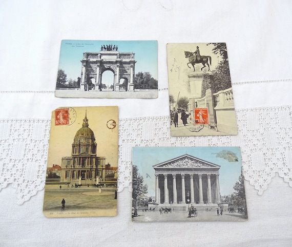 4 French Antique Black and White Postcards of Parisian Monuments Dome des Invalides La Madeleleine, Retro Vintage Vacation Souvenir France