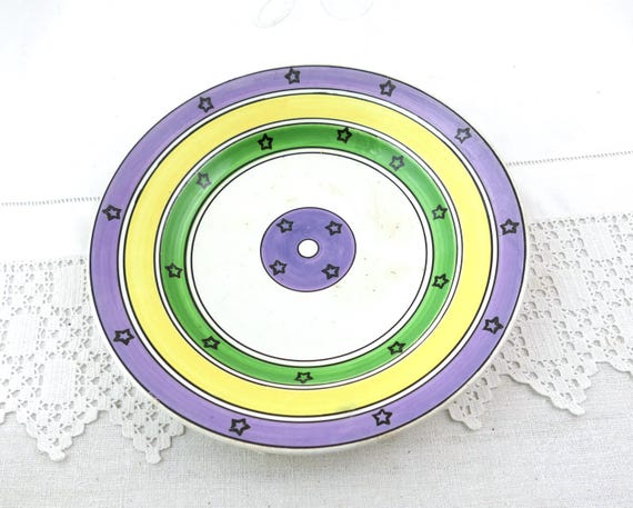 Antique French Sarreguemines Digoin Handpainted Purple Green and Yellow Plate with Stars, Vintage Victorian Boho Wall Decor from France