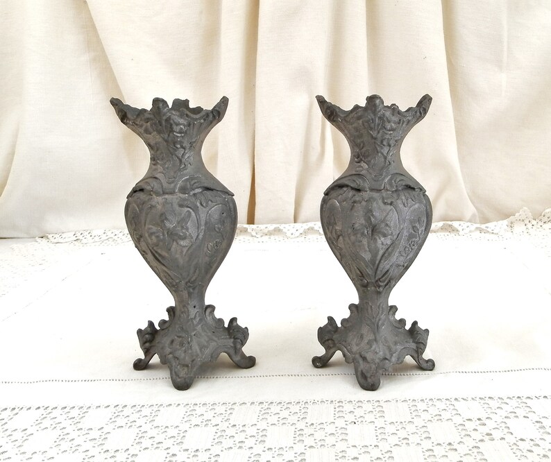 Pair Antique French Cast Metal Grey Ornate Vase 2 Matching Etsy