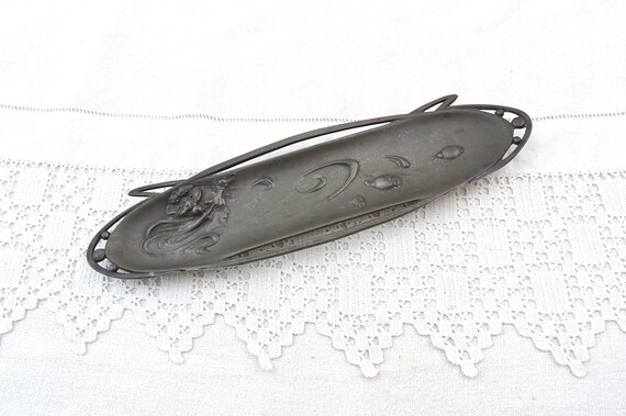 Antique French Art Nouveau Cast Pewter Pen Rest with Poppy Flower and Woman's Head Pattern, Long Thin 1900s Metal Dish from France