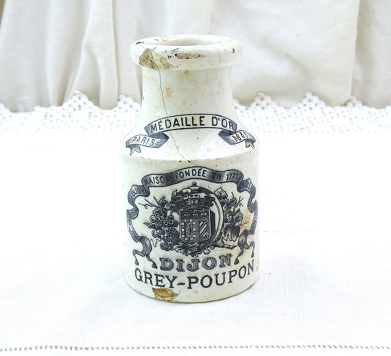 Antique French White Pottery Mustard Pot for Grey Poupon, Vintage Ceramic Kitchen Decor from France, Retro Country Farmhouse Interior
