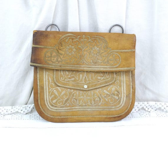 Vintage North African Leather Saddle Bag, Hand Embroidered Cordwork Purse, Traditional Moroccan Berber Bag, Early 20th C Tribal Fashion