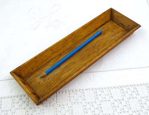 Antique French Wooden Long Rectangular Pencil / Pen Holder by, Retro Office Desk Accessory made of Wood from France, Upcycled Jewelry Tray