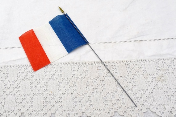 Small Vintage French Flag Made of Fabric and Metal Used at