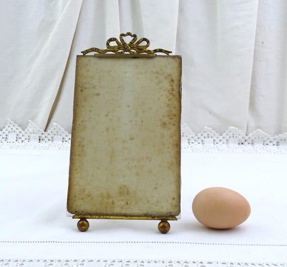 Small Antique French 19th Century Glass Portrait Frame with Ribbon Decoration, Vintage Victorian Country Brocante Picture Decor