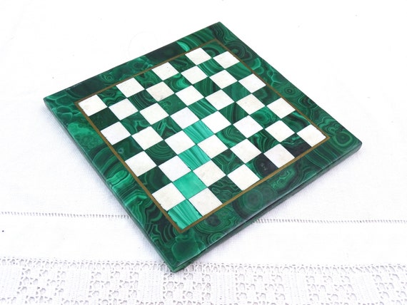 Vintage Inlaid Malachite Semi Precious Stone Chess Board with Bronze Metal Banding, Retro Luxury Exotic Board Game in Green and White