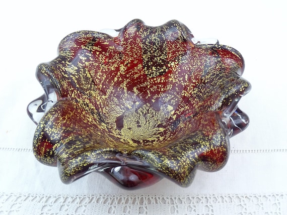 Large Vintage Mid Century Italian Murano Bowl of Red and Clear Glass with Gold Flecks, Retro 1960s Glassware Cigar Ashtray of Venice Italy