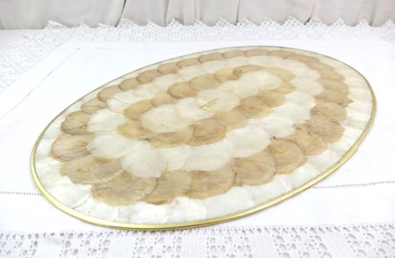Large Capiz Shell Mother of Pearl Oval Placemats 2 Tone Colors, Retro Tableware with Natural Sea Side Themed Home Decor, Ocean House Dinner