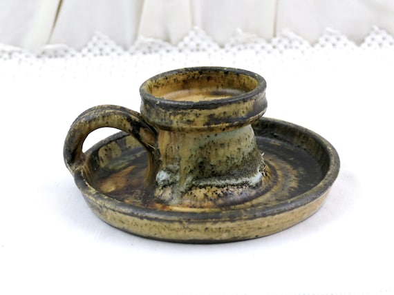 Vintage French Claire Berger-Bayle La Borne Large Mid Century Stoneware Candle Holder, Retro Earthy Natural Studio Pottery Chamberstick