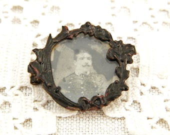 Antique French Victorian Iron Photograph Portrait Brooch with Photo of Mustached Young Man, Vintage Mourning Jewelry from France