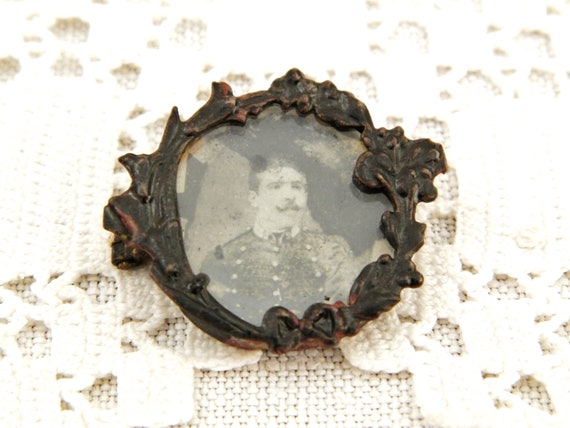 Antique French Victorian Iron Photograph Portrait Brooch with Photo of Mustached Young Man, Vintage Mourning Jewelry from France