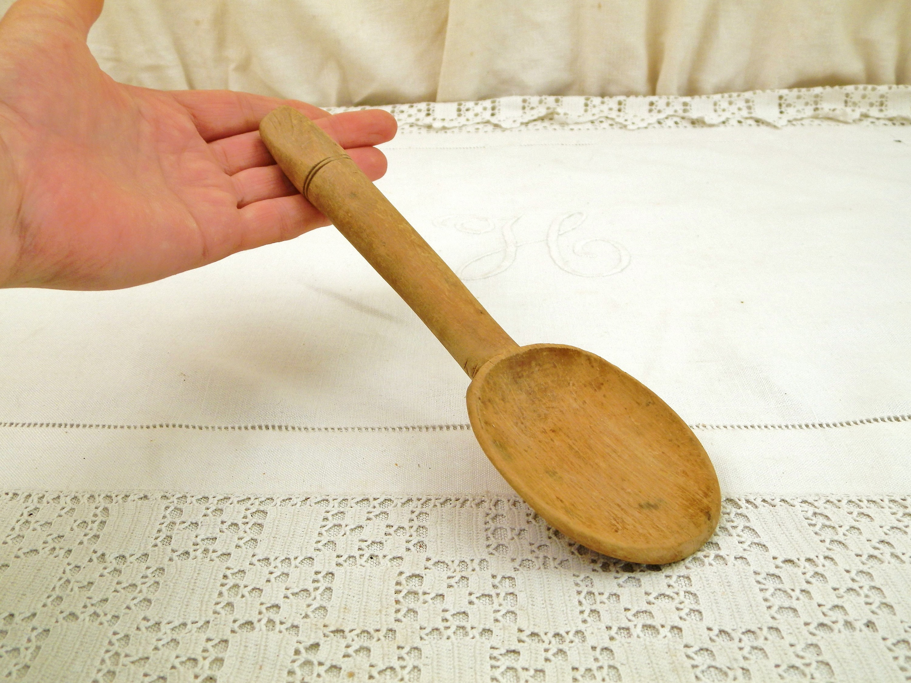 Antique French Country Wooden Spoon, Retro Farmhouse Dairy Utensil made of Wood, Rustic Brocante