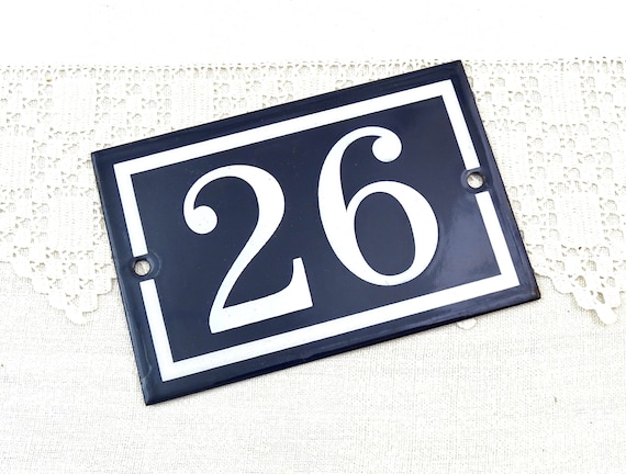 Vintage French Porcelain Enameled Metal House Sign in Blue and White Number 26, Enamel Street Home from France, Traditional Address Sign