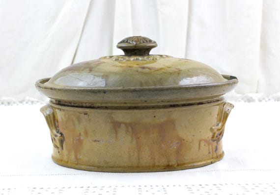 Antique Ceramic Terrine Lidded Stoneware Pot with Olive Yellow Glaze, Rustic French Kitchenware Decor, Aged Pottery Cooking Vessel France