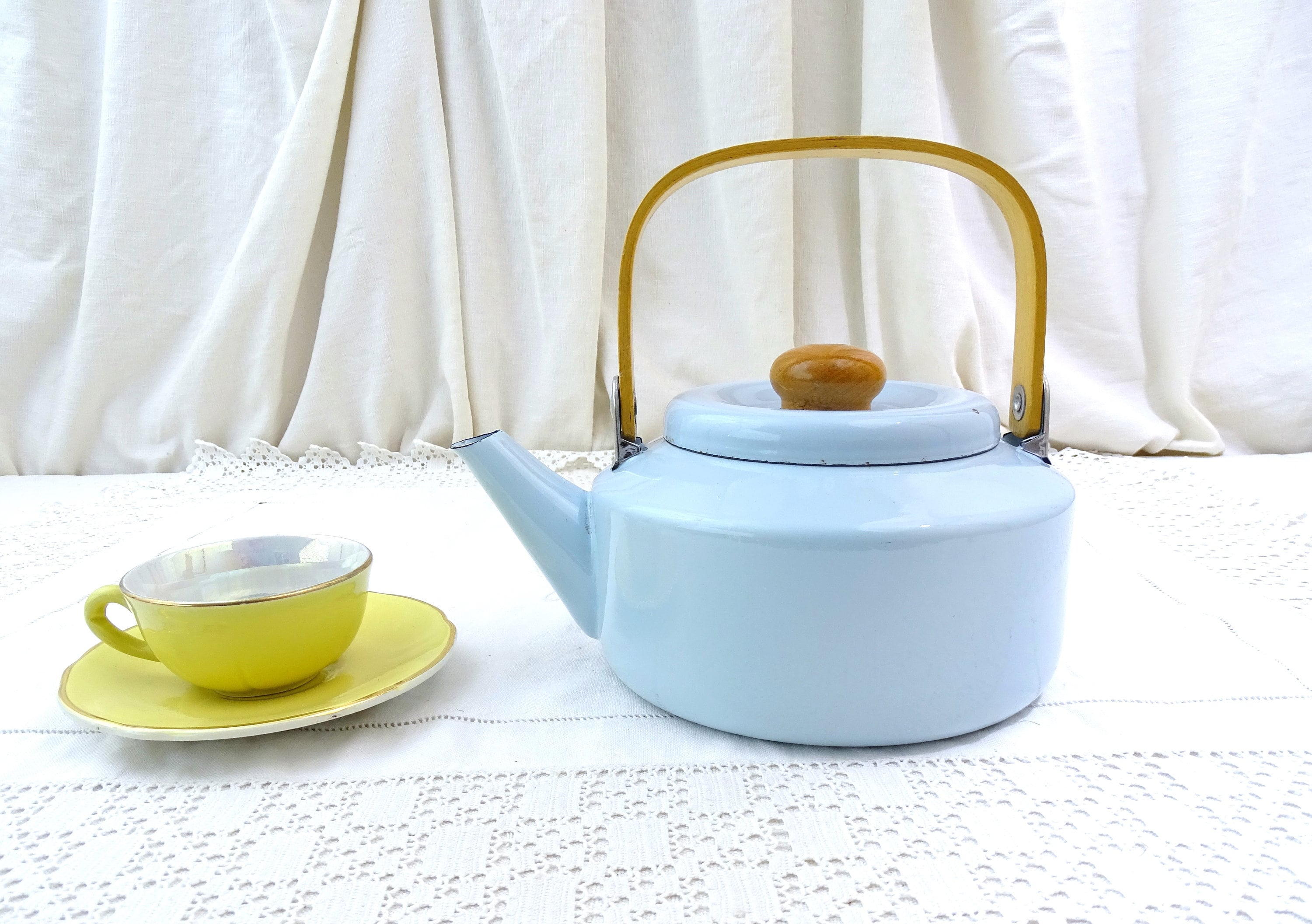 RESERVED Vintage 1980s Pale Blue Enamel Kettle with Bent Plywood