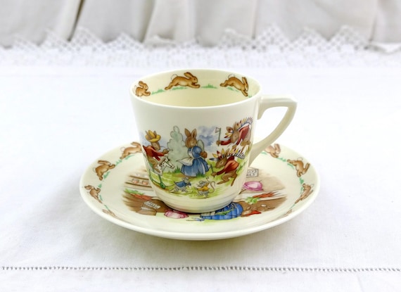 Vintage English Bunnykins Royal Doulton Bone China Cup and Saucer with Rabbits, Retro Children Fun Crockery from England, Tea Time Party