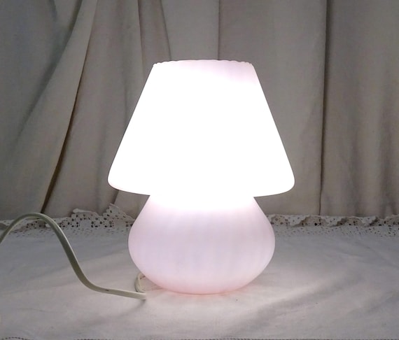 Vintage 1970s Pink Frosted Glass Mushroom Lamp, Retro Glassware Bedside Lighting in Pale Pastel Pink Color, 1980s Table Light from France
