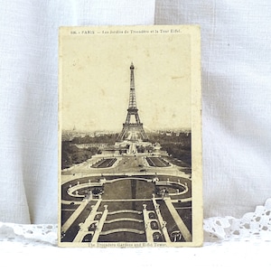 Cartão postal francês antigo em sépia preto e branco da Torre Eiffel e dos Jardins do Trocadero, imagem antiga vintage de monumento parisiense