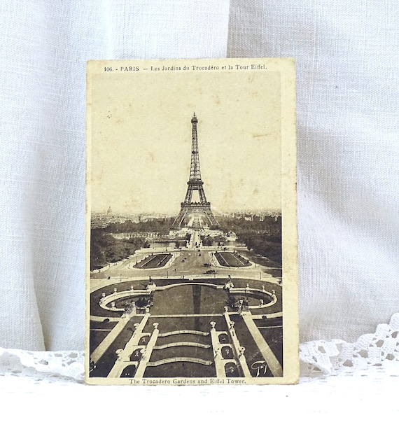 French Antique Black and White Sepia Postcard of the Eiffel Tower and the Trocadero Gardens, Vintage Old Image of Parisian Monument