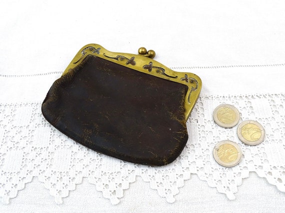 Large Antique Art and Crafts Style Leather and Brass French Coin Purse, Big Vintage Edwardian Wallet with Decorative Clutch, Money Pouch