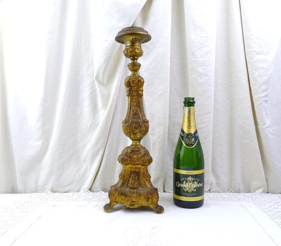 Large Tall Antique French 18th Century Church Liturgical Candle Holder Gilded Pressed Brass Metal, Vintage Catholic Religious Candlestick