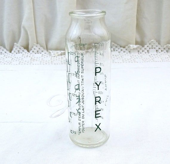 Vintage French Pyrex Glass Nursing Bottle with Green Gradated Lettering, Retro Baby Feeding Bottle from France, Upcycled Bud Flower Vase