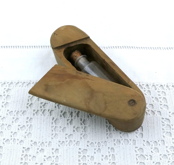 Antique French Small Glass Bottle in a Wooden Protective Case, Retro Perfume Container in Rustic Primitive Box made of Wood from France