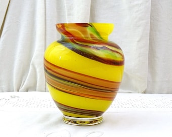 Vintage French Art Glass Bright Yellow Vasse with Colorful Swirl Pattern by La Rochère, Retro Glassware Center Piece Floral Jar from France