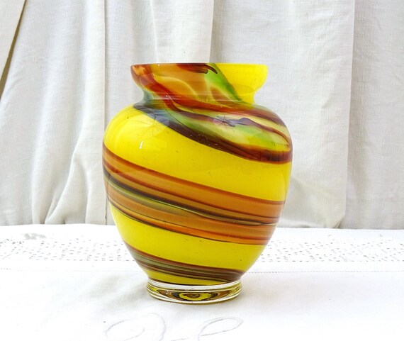 Vintage French Art Glass Bright Yellow Vasse with Colorful Swirl Pattern by La Rochère, Retro Glassware Center Piece Floral Jar from France