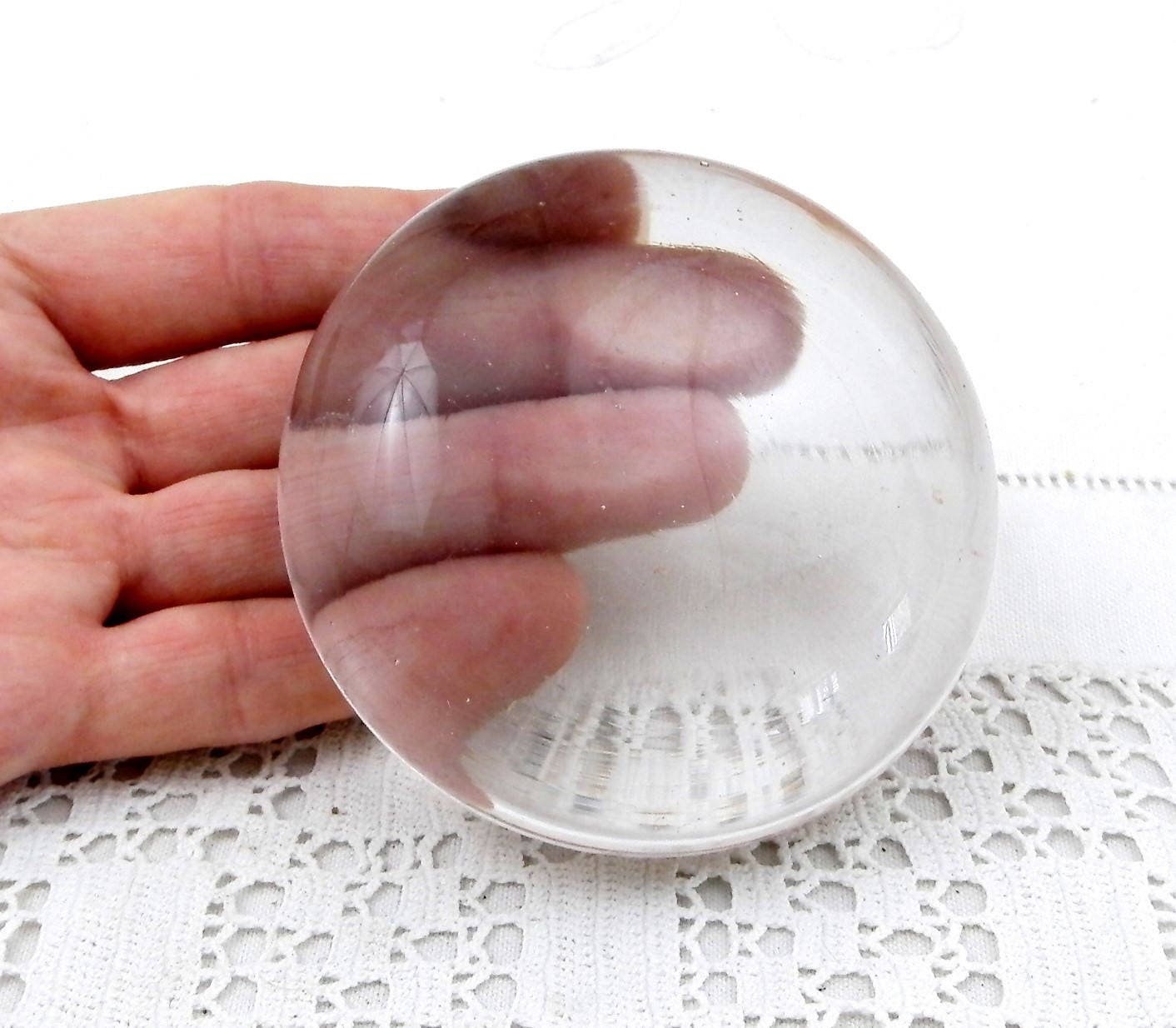 Antique Round Flat Clear Glass Paperweight from France, Magnifying French Glass Weight, Shabby