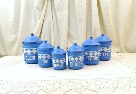 Antique French 6 Piece Enamel Canister Set in Blue with White Pattern and Lettering, Vintage Brocante Kitchen Enamelware Decor from France